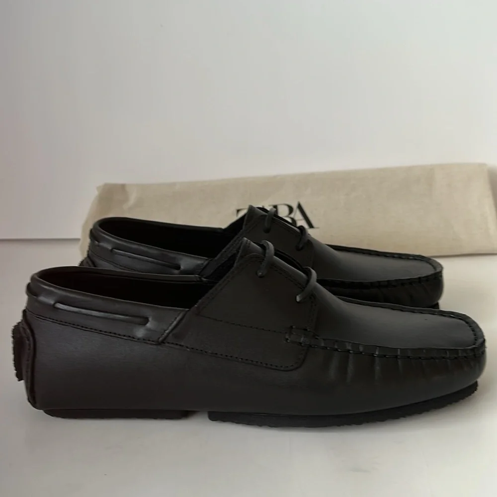 Zara Men's Black Leather Boat Shoes Size 7